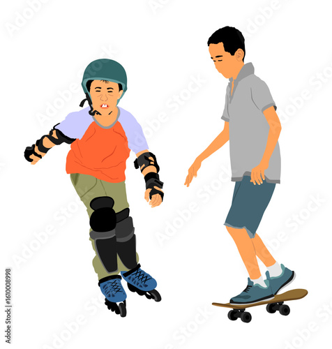 Roller boy and skater friend riding vector illustration isolated. Children rollerblading helmet. Happy kid enjoy outdoor sport activity. Healthy recreation after school. Skateboard child ride skate.