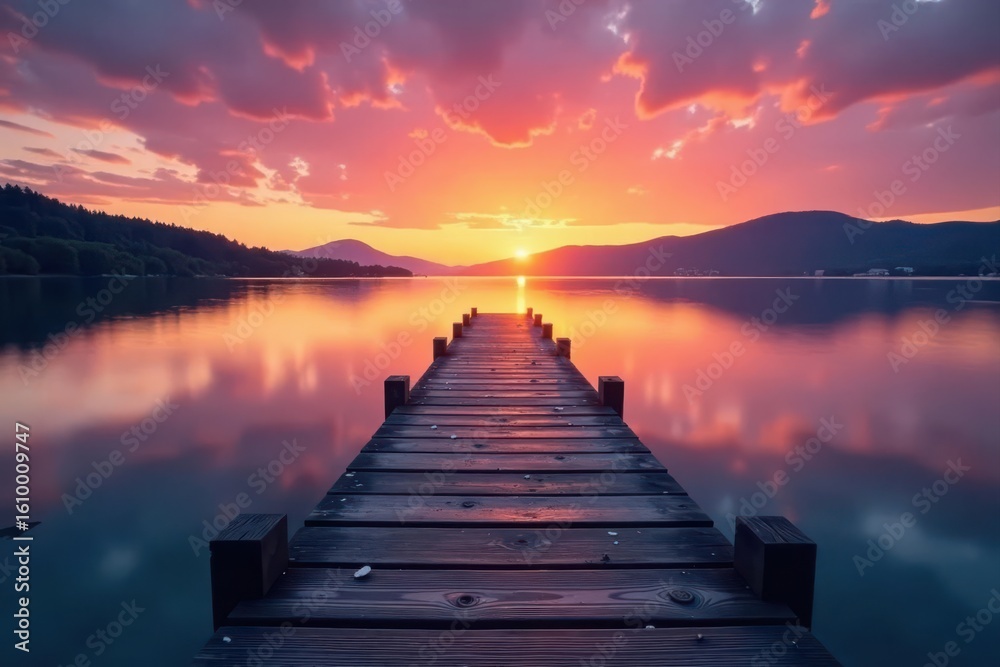 Obraz premium Long wooden pier at sunset reflecting in still lake water, twilight, wooden, planks