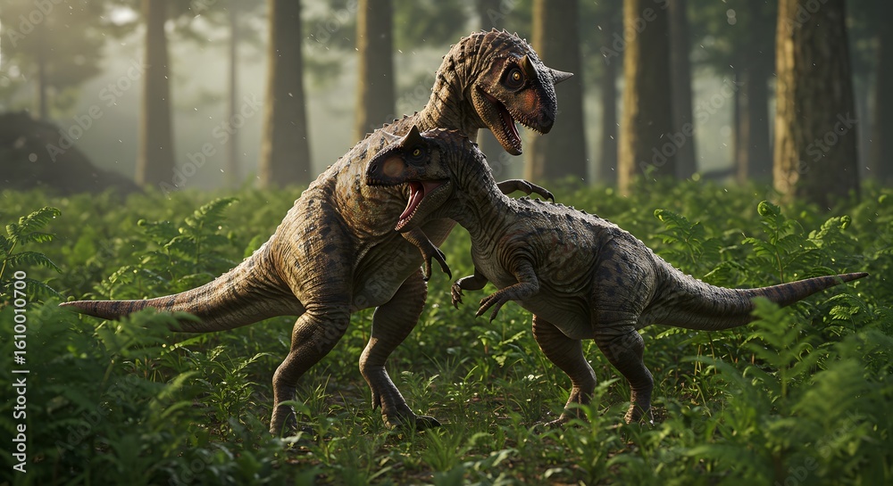 Fototapeta premium Two carnotaurus dinosaurs interacting in a lush green forest with tall trees and ferns in the foreground