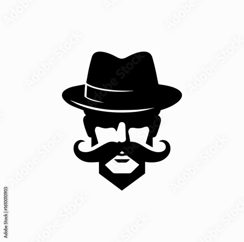 Black Silhouette of a Man with Mustache and Fedora Hat – Retro Style Vector Icon