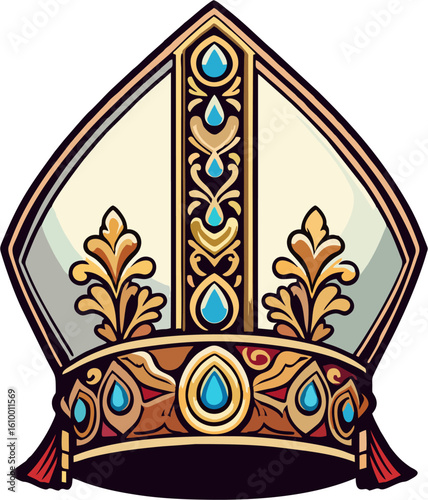 Ornate Cartoon Bishop Mitre Vector with Blue Teardrop Gems and Gold Embroidery