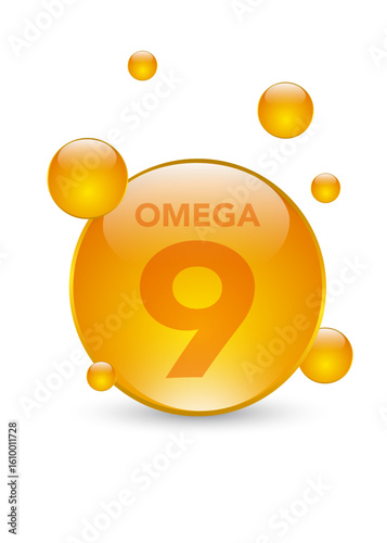 Omega 9 gold icon. Vitamin drop pill capsule. Shining golden essence droplet. Vector illustration. stock illustration