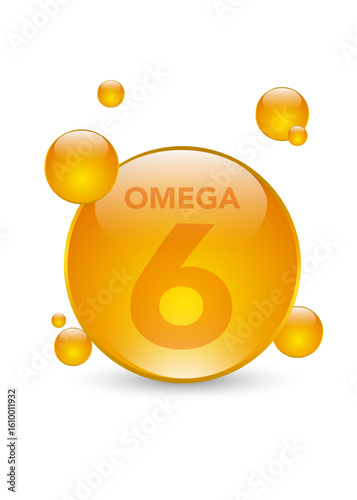 Omega 6 gold icon. Vitamin drop pill capsule. Shining golden essence droplet. Vector illustration. stock illustration