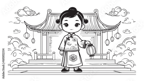 chinese character wearing traditional hanfu standing in front of the great wall of china black and white outline coloring page