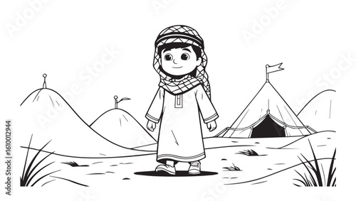 arabian character wearing traditional clothes standing in front of kaaba black and white outline coloring page