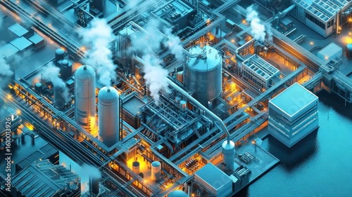 Industrial complex, detailed view of refinery with pipes, tanks & structures