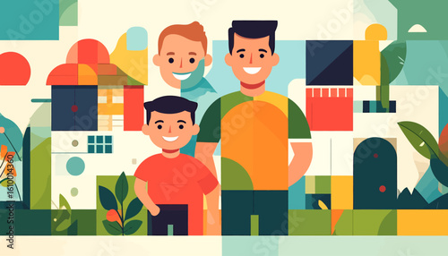 Family Portrait, Parents and Children, Modern Art, Digital Illustration, Colorful Landscape, Close-Up, Warm Togetherness