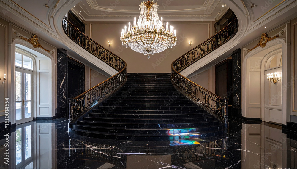 Obraz premium Crystal Chandelier Reflected in Marble Staircase . Wedding Concept. Generated Image