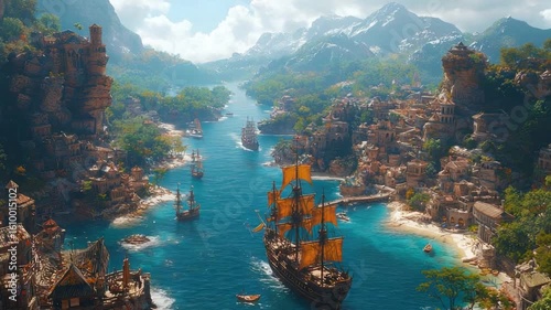 Coastal city nestled in a mountainous valley, with ships sailing a turquoise sea