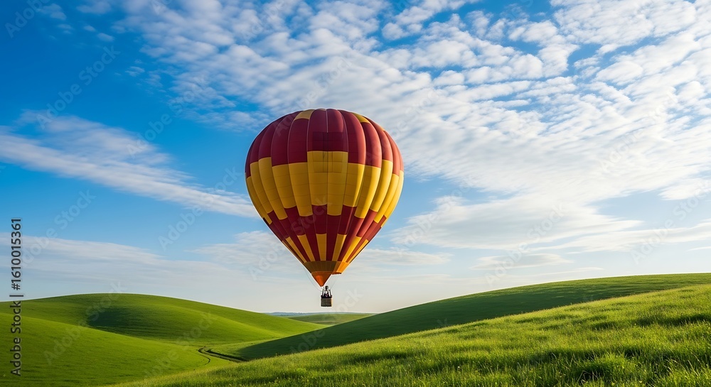 Obraz premium Hot Air Balloon Soaring Over Rolling Green Hills