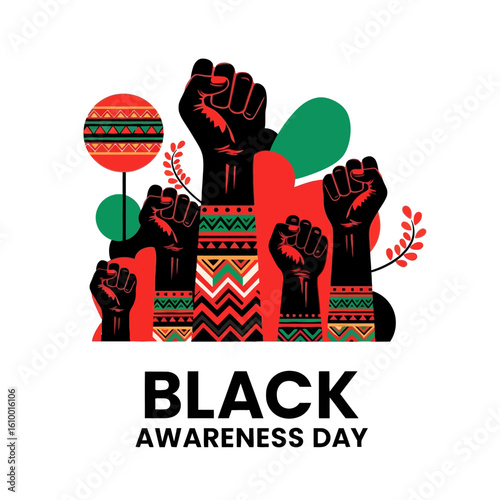 Black Awareness Day Celebration, Community Gathering, Graphic Art, Vibrant Colors, Artistic Viewpoint, Social Impact