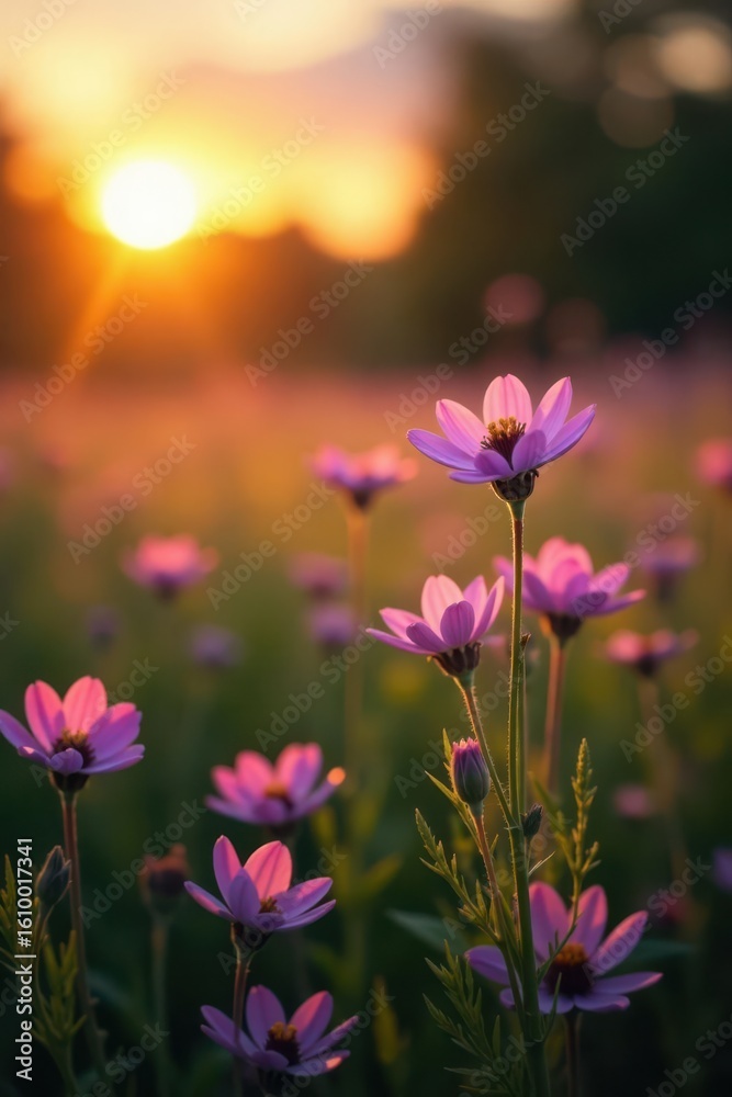 Fototapeta premium Violet & pink wildflowers bloom in a sun-drenched meadow at sunset , blooming, wild, pasture