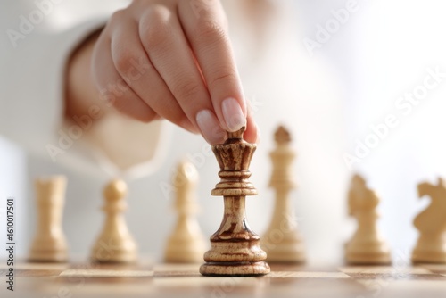 Close-up of woman’s hand placing a chess queen on board, symbolizing decision-making.