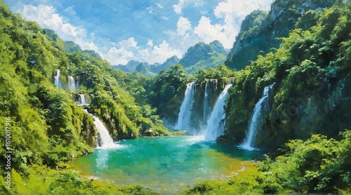 Vibrant oil painting of majestic waterfalls cascading into a tranquil turquoise pool, nestled within lush green mountains under a bright blue sky