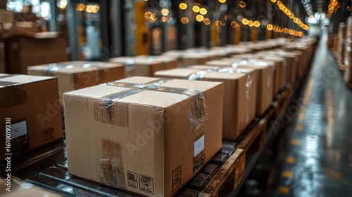 Cardboard boxes on conveyor belt in warehouse (1)