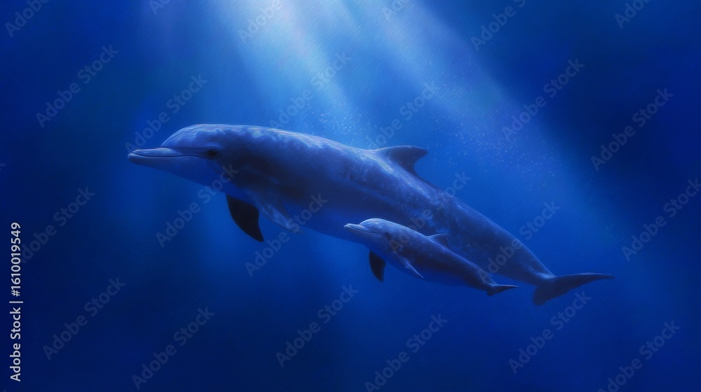 Obraz premium A serene underwater scene featuring a dolphin swimming alongside its calf. The image captures the beauty of marine life and the bond between mother and young. 