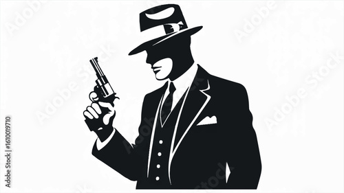 Minimalist black and white illustration of a gangster in a fedora and suit holding a revolver