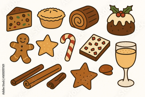 Set of Classic Christmas Dessert Icons in Flat Vector Style