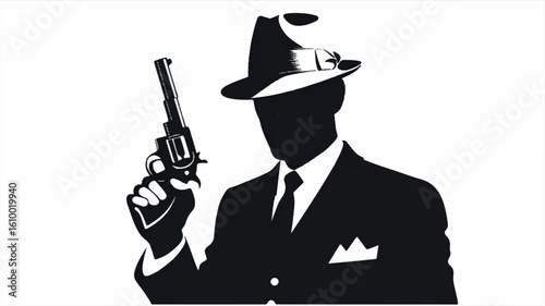 Minimalist black and white illustration of a gangster in a fedora and suit holding a revolver