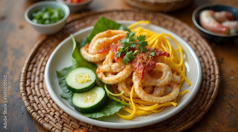 Spicy Yellow Noodles with Calamari and Sambal on Traditional Woven Plate Spicy Yellow Noodles with Calamari and Sambal on Traditional Woven Plate