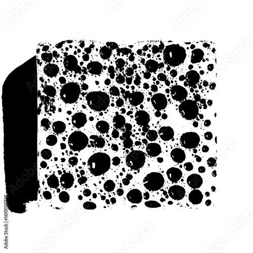 Black and white square sponge with many holes and a shadow on the left side of the illustration