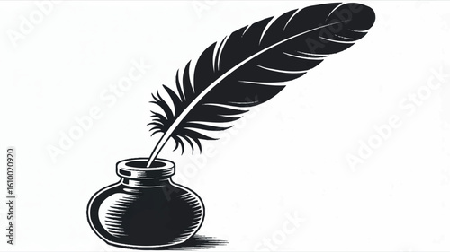 Minimalist black and white illustration of a classic quill pen and inkwell