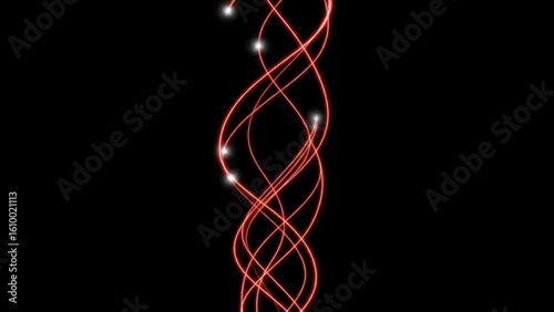 Twisting red light strands forming vertical helix with glowing nodes on black background. Abstract design concept
