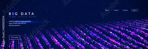 Big Data Flow Abstract Background. Technology Bg With Dynamic  Lines, Dots And Numbers For AI Network. A Purple, Glowing Particle Grid, Visualizing Artificial Intelligence. Blue Tech Big Data Flow