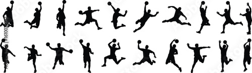 Basketball player silhouette vector, dunk pose, jump shot, sports action, athlete in motion, black basketball figures