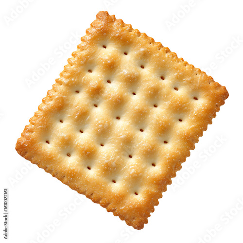 Single square cracker with perforated surface and golden-brown edges