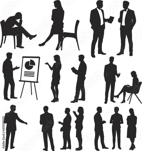 Business people silhouette vector, teamwork, office discussion, meeting presentation, corporate communication, professional interaction, office staff, workplace illustration