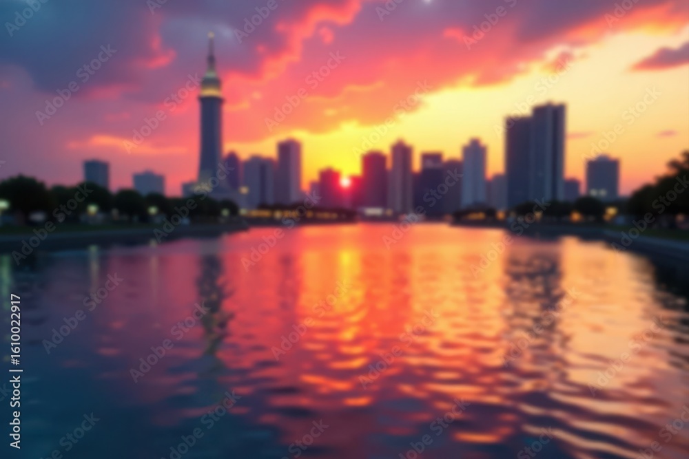 Fototapeta premium Blurred cityscape, sunset reflection, water ripples, purple, light