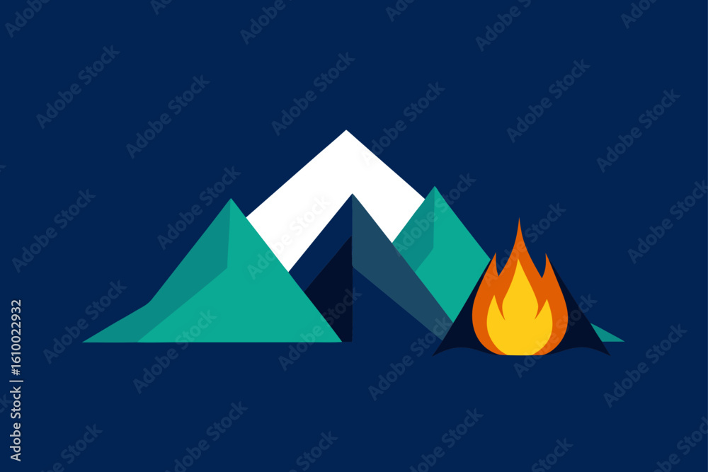 Fototapeta premium Geometric mountains and campfire illustration