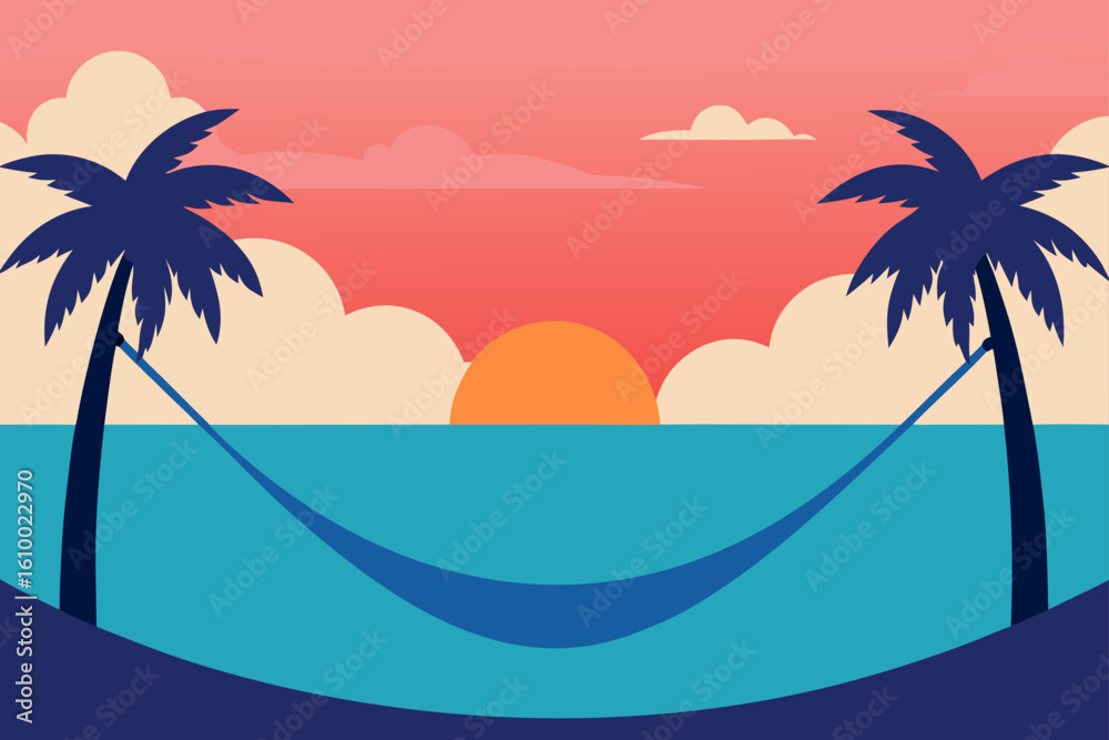 Obraz premium Tropical sunset hammock between palm trees over the ocean
