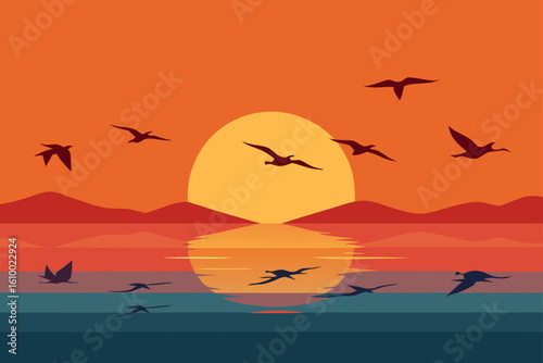 Birds flying over the ocean at sunset with reflection