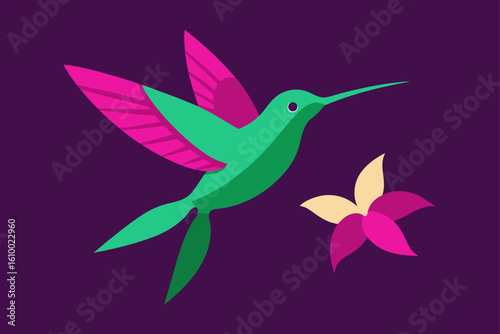 Stylized hummingbird approaching a flower