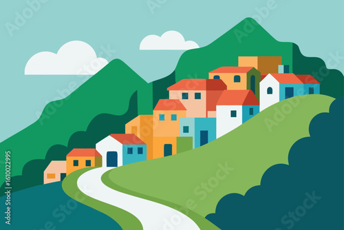 Colorful village nestled on a lush green hillside