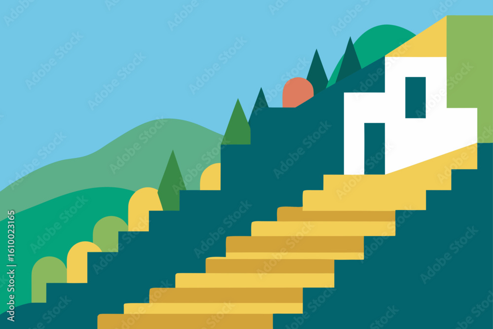 Fototapeta premium Abstract hillside landscape with stairs and white house