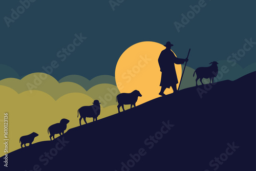 Shepherd leading sheep uphill against a large setting sun