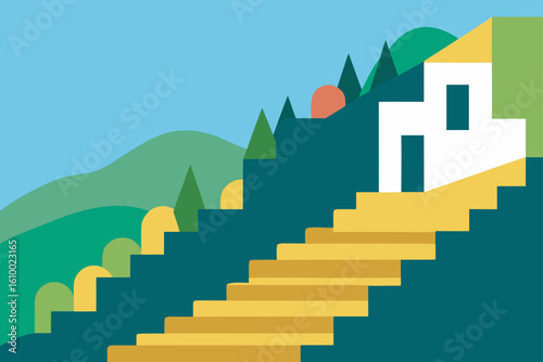 Abstract hillside landscape with stairs and white house