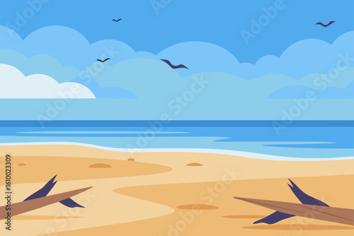Serene beach scene with birds flying over calm ocean and sandy shore