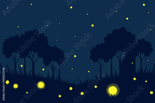 Magical night forest with glowing fireflies and silhouetted trees