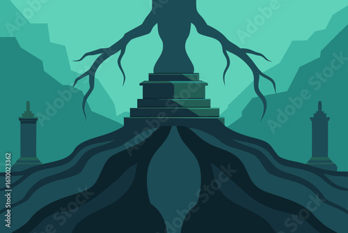 Mysterious ancient tree structure with monumental roots