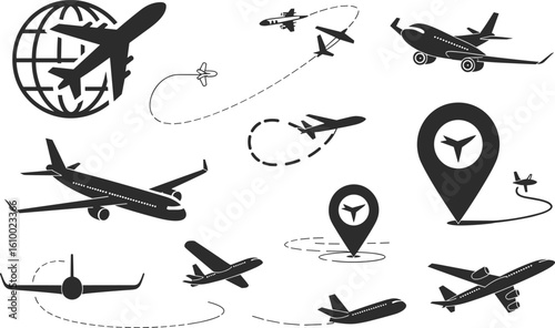 Cad drawing flat vector illustration, airplane icons set, flying planes with flight paths, global travel symbols, aviation concept, air transport graphics, travel destination markers, 