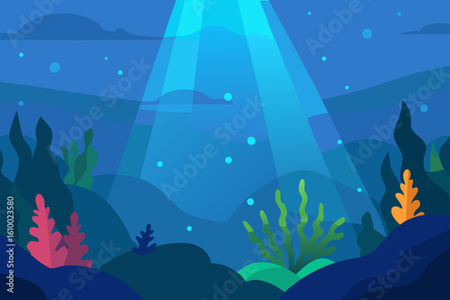 Stylized underwater scene with sunbeams and coral