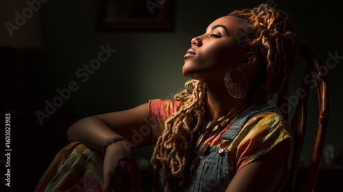 an individual seated in a chair with contemplative expression. they appear to be indoors, with warm lighting illuminating their features and the surroundings