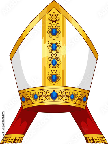 Traditional Vector Bishop Mitre with Blue Gemstones and Golden Embroidery on Red Ribbons