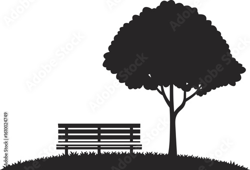 Peaceful park bench under large leafy tree on grassy hill, outdoor nature relaxation, tranquil environment, serene public space for rest, calm atmosphere, urban green area