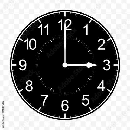 Vector illustration of three o clock icon sign and symbol. Black icons on transparent background