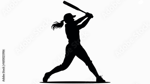 Black silhouette of a female softball player in a batting stance on a white background